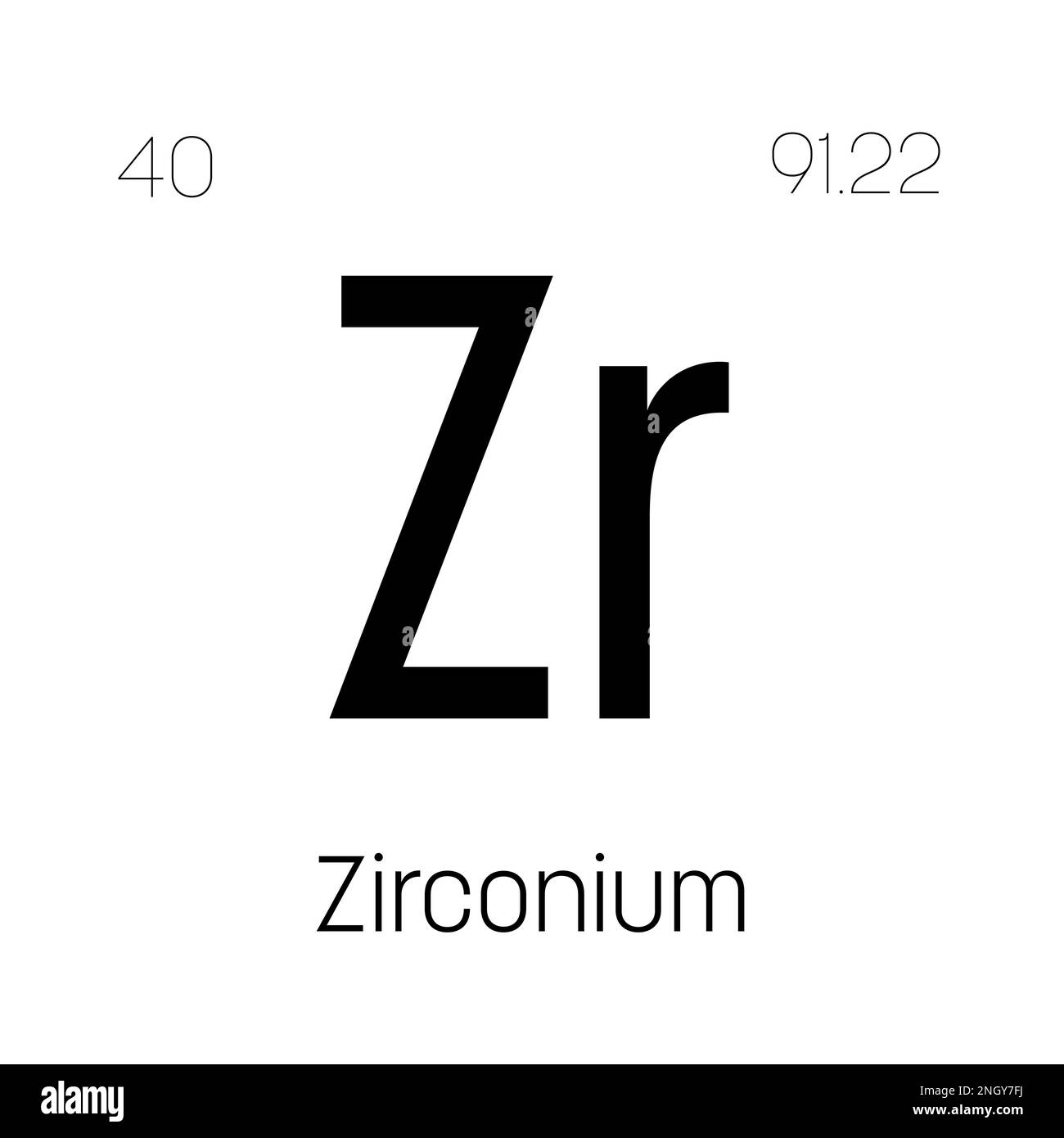 Zirkonium, Zr, Periodenelement mit Name, Symbol, Atomzahl und Gewicht. Übergangsmetall mit verschiedenen industriellen Verwendungen, z. B. in bestimmten Arten von Kernreaktoren, bestimmten Glasarten und als Bestandteil in bestimmten Legierungen. Stock Vektor
