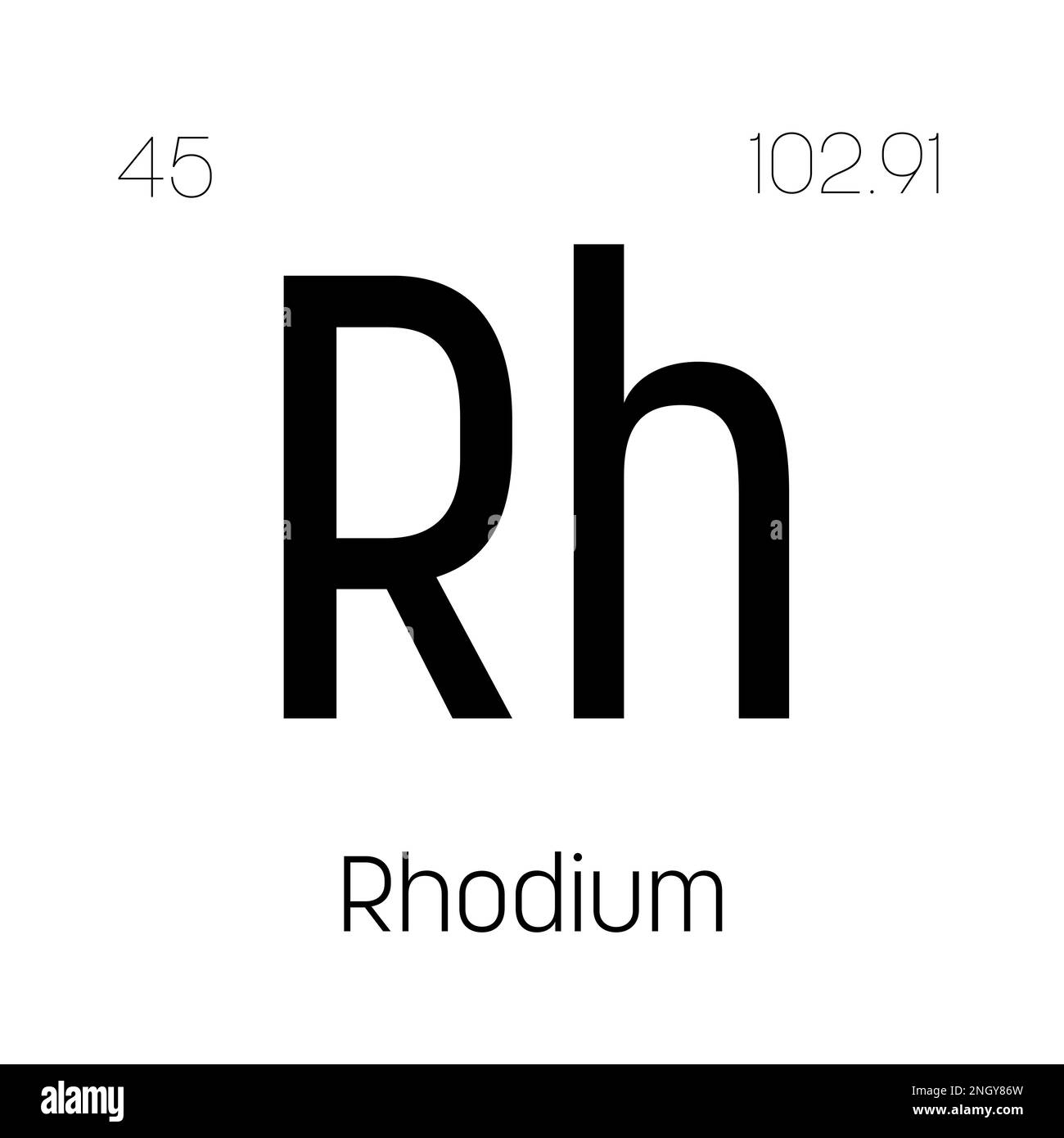 Rhodium, Rh, Periodenelement mit Name, Symbol, Atomzahl und Gewichtung. Übergangsmetalle mit verschiedenen industriellen Verwendungszwecken, z. B. in Katalysatoren, Schmuck und als Bestandteil bestimmter Glasarten. Stock Vektor