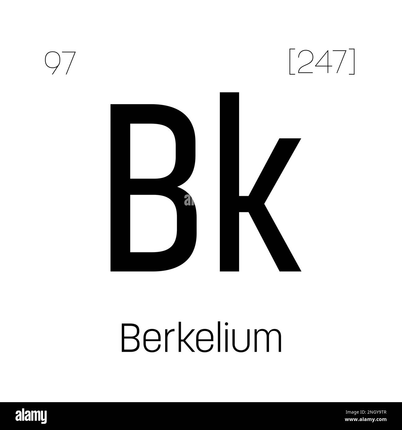 Berkelium, BK, Periodenelement mit Name, Symbol, Atomzahl und Gewicht. Synthetisches radioaktives Element mit Einsatzmöglichkeiten in der wissenschaftlichen Forschung und der Kernenergie. Stock Vektor