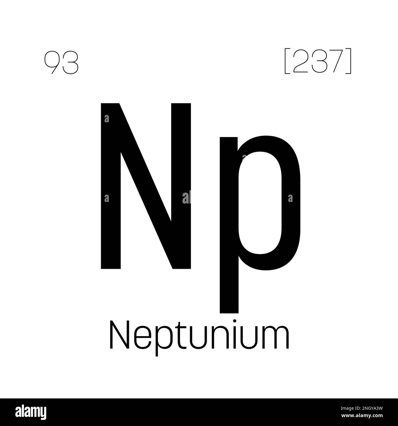 Neptunium, NP, Periodenelement mit Name, Symbol, Atomzahl und Gewicht. Synthetisches radioaktives Element mit Einsatzmöglichkeiten in der wissenschaftlichen Forschung und der Kernenergie. Stock Vektor