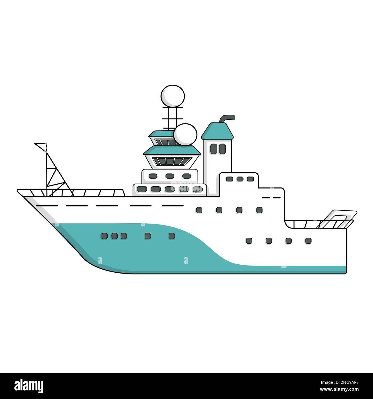Blauweißes Tiefsee-Forschungsschiff, Expeditionsschiff, Vektor, handgezeichnet, isolierte Darstellung Stock Vektor
