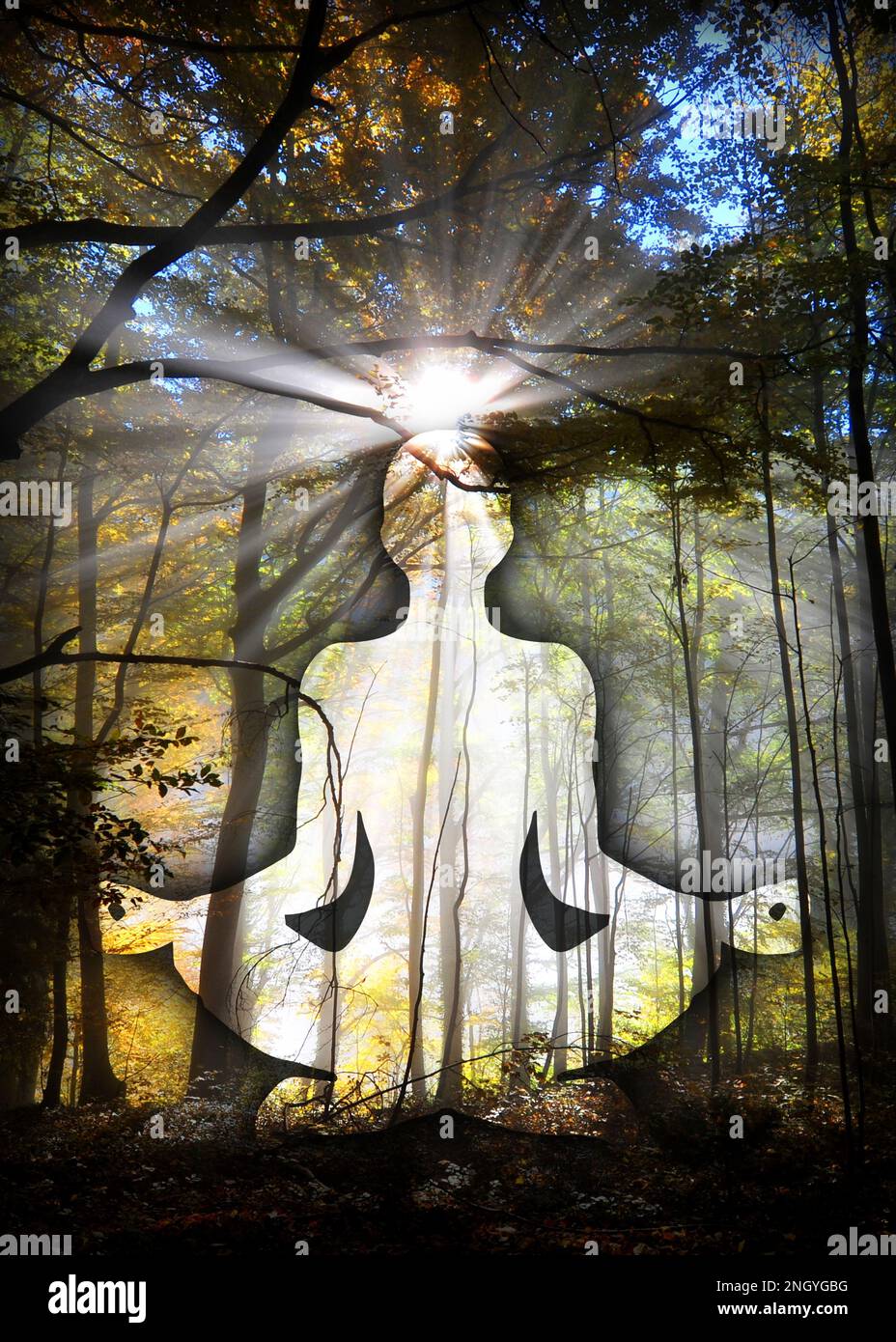 Menschliche Silhouette in Yoga/Lotus-Pose mit 7 Chakras-Symbolen und der Blume des Lebens. (Menschliche Energie Körper, Aura, Yoga Lotus Pose). Stockfoto