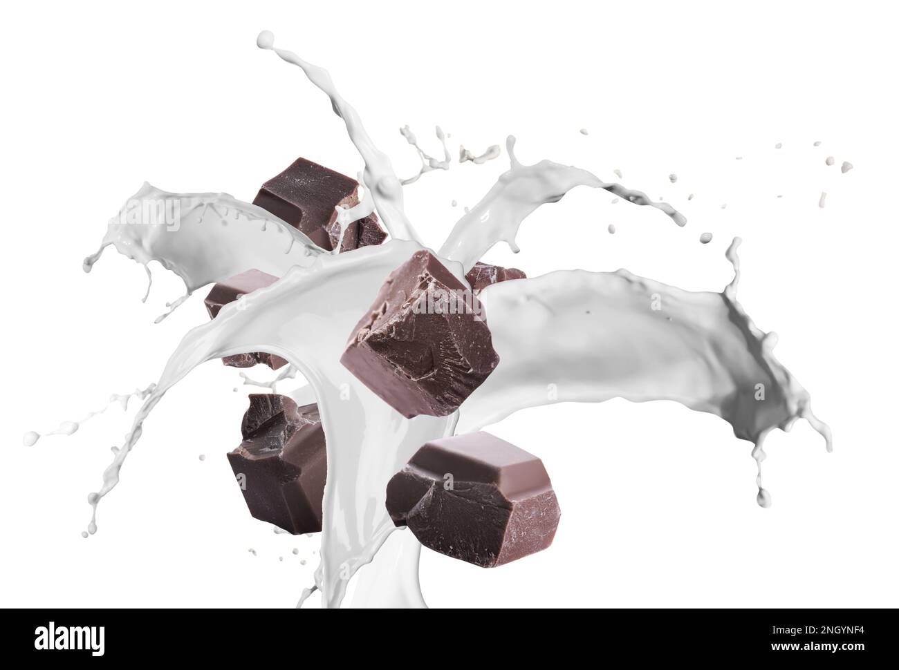 Köstliche Schokolade und Milchspritzer auf weißem Hintergrund Stockfoto