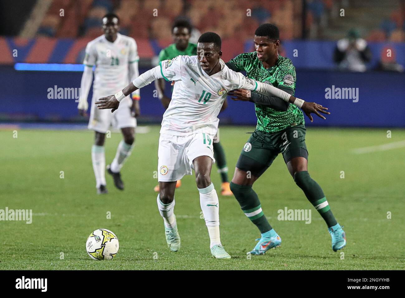 Kairo, Ägypten. 19. Februar 2023. Pape Diallo (L) von Senegal spielt mit Solomon Agbalaka von Nigeria während des Gruppenteams A zwischen Senegal und Nigeria beim 2023 CAF (Confederation of African Football) U-20 Africa Cup of Nations in Kairo, Ägypten, am 19. Februar 2023. Kredit: Ahmed Gomaa/Xinhua/Alamy Live News Stockfoto