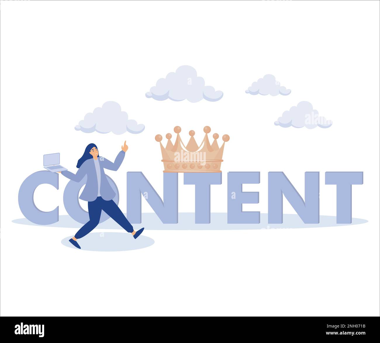 Content ist die beste, glückliche Autorin mit Laptop auf dem Wort Content trägt King Crown. Flache Vektoren, moderne Illustration Stock Vektor