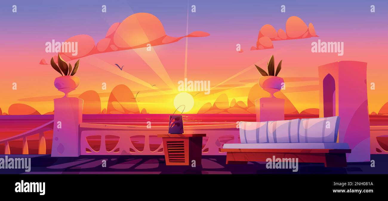 Blick von der Hotelterrasse bei Sonnenaufgang auf das Meerwasser. Vektor-Cartoon-Illustration der wunderschönen abendlichen Meereslandschaft, Möwen fliegen im orangefarbenen Himmel, Holzcouch auf mediterranem Balkon Tropical Island Resort Stock Vektor