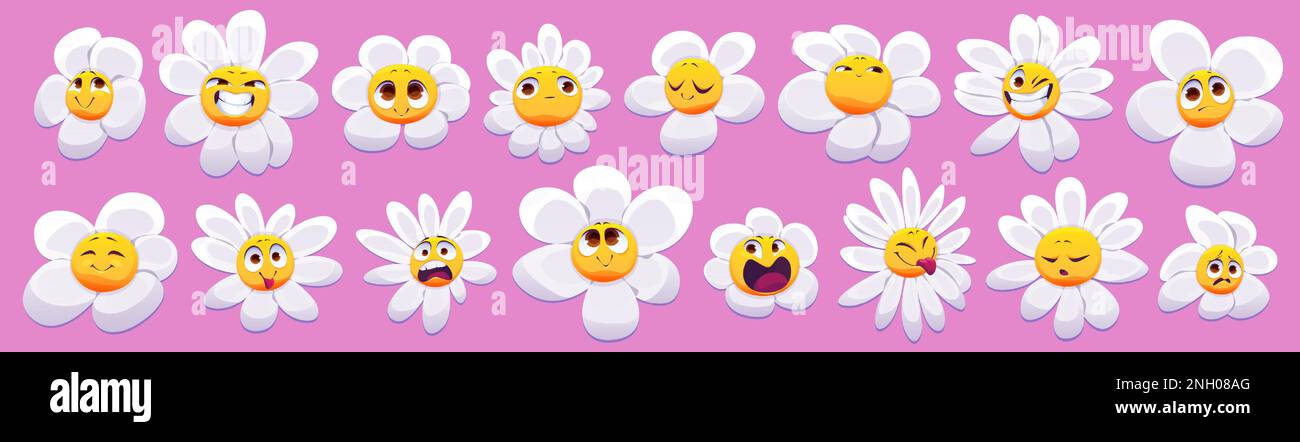 Cartoon-Set süßer Kamillenemoji mit verschiedenen Emotionen isoliert auf pinkem Hintergrund. Vektordarstellung von hübschen weißen Blumenfiguren mit glücklich, lächelnd, traurig, unglücklich, verängstigt, Überraschte Gesichter Stock Vektor