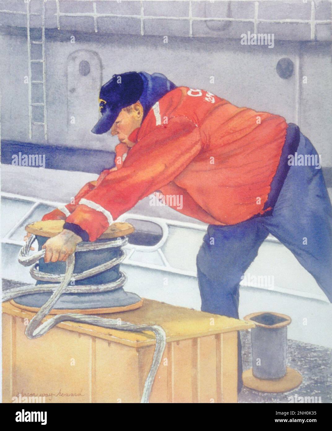 Ein Mitglied der Küstenwache sichert die Anlegestelle eines Boots an einem Poller. US Coast Guard Art Program 2003 Kollektion, ob ID # 200318, „Securing the Lines“, Sharon Way-Howard, Aquarell, 11 x 9 Stockfoto
