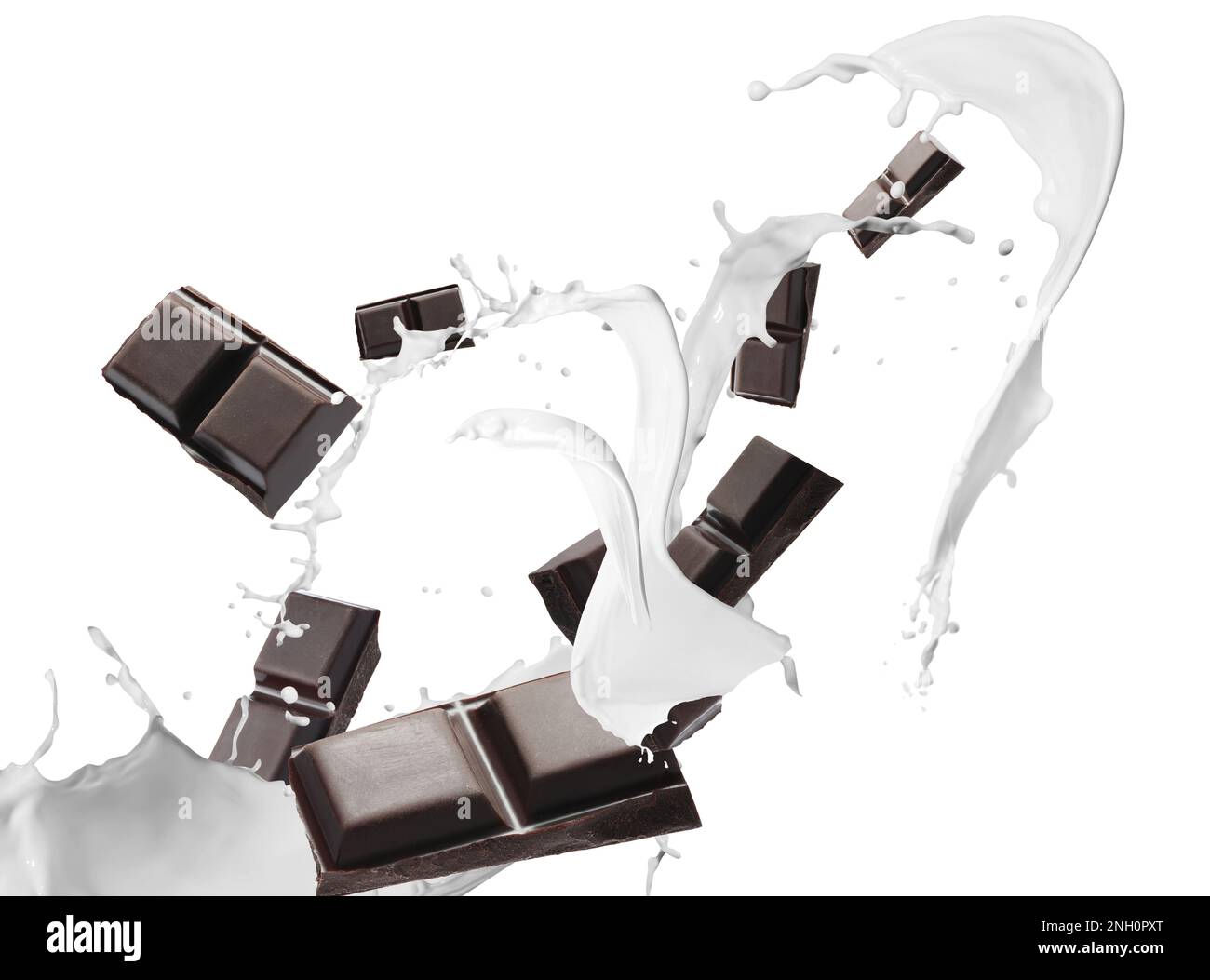 Köstliche Schokolade und Milchspritzer auf weißem Hintergrund Stockfoto