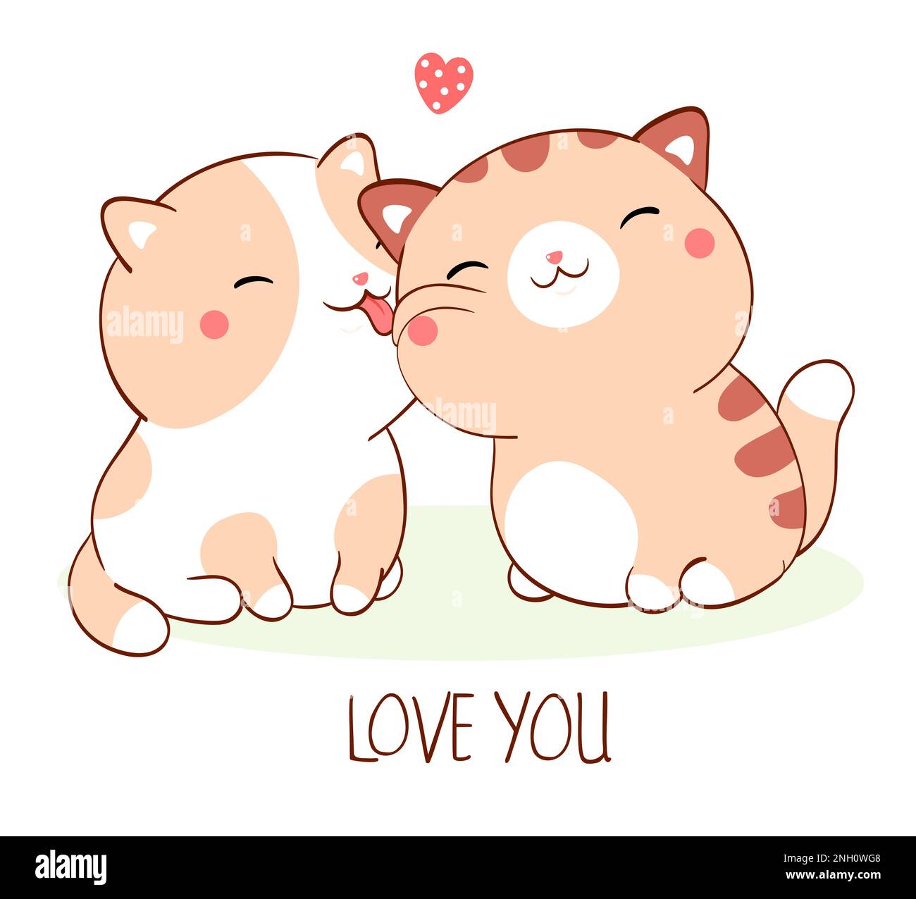 Quadratische Valentinskarte mit zwei schlafenden, fetten Kätzchen im Kawaii-Stil. Grußkarte mit zwei süßen kleinen Katzen und Inschrift Love You. Kann für t-sh verwendet werden Stockfoto