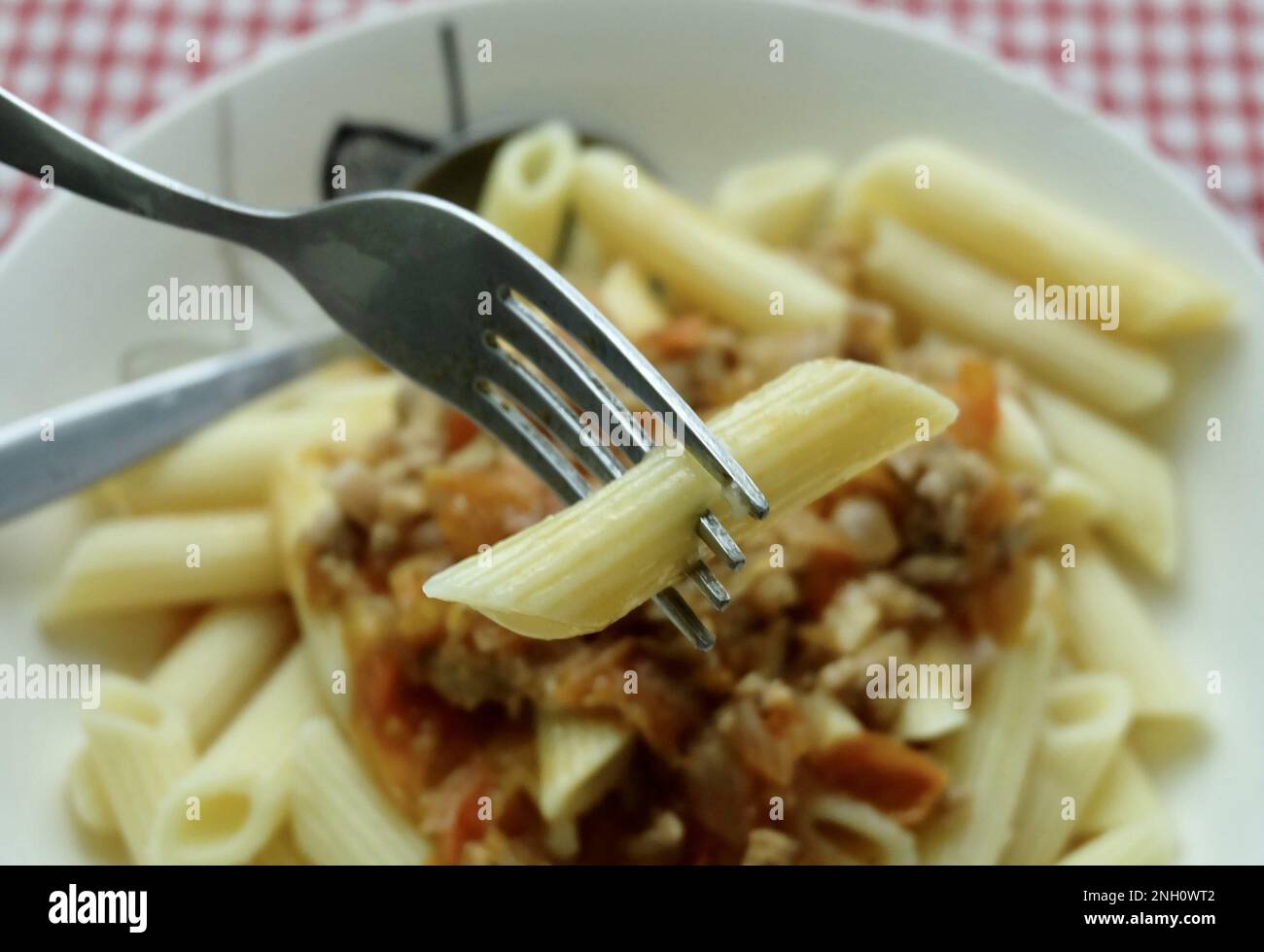 Essen und Küche, Penne Pasta mit einer herzhaften Tomatensoße, garniert mit frischen Kräutern. Stockfoto
