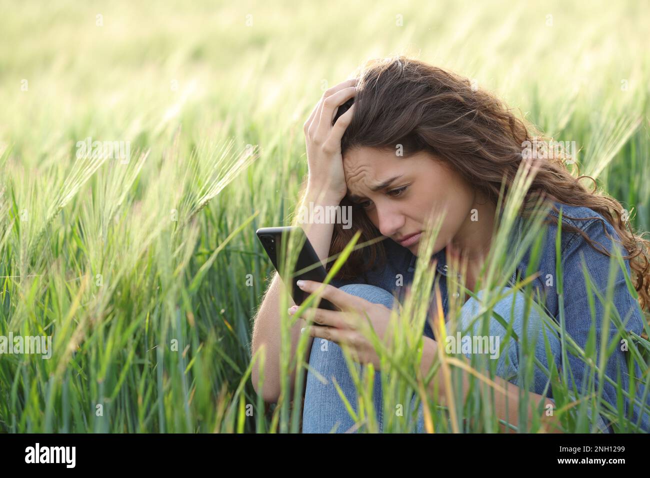 Traurige Frau, die Smartphone-Chat auf einem Feld liest Stockfoto