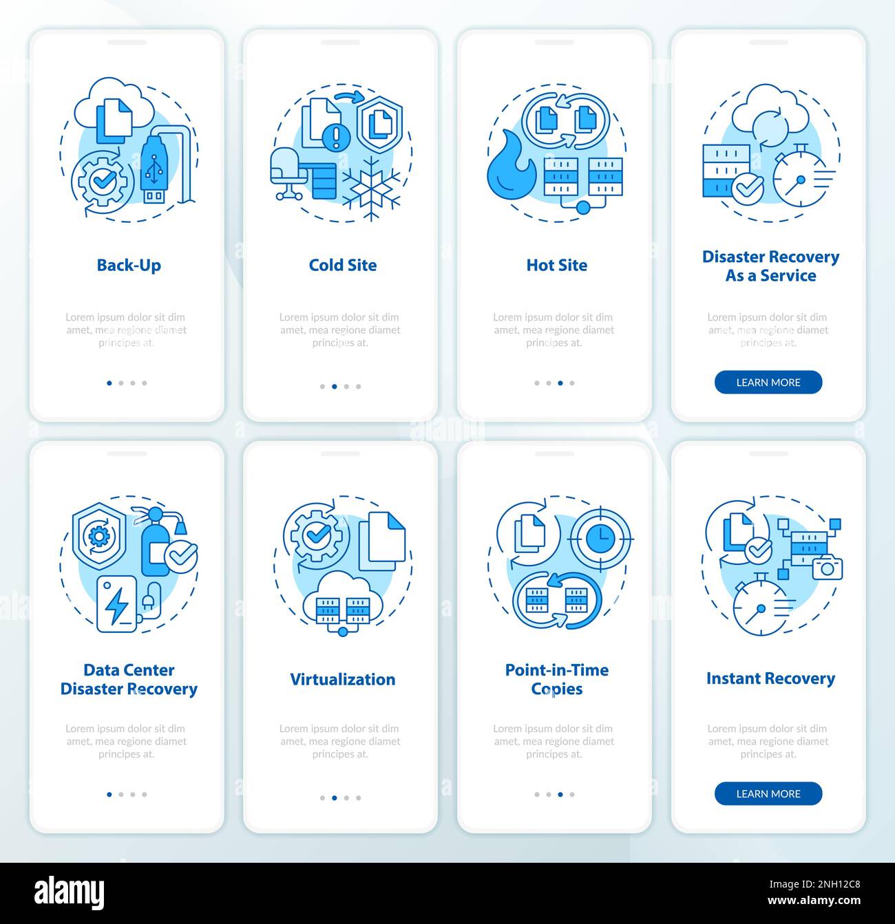 Disaster Recovery Blue Onboarding Mobile App Screens Set (Bildschirme für Notfallwiederherstellung – blau für Stock Vektor