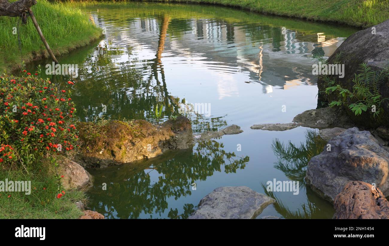 Ordentlich angeordnete und organisierte Steine neben dem Gartenteich können für Fußreflexzonenheilkunde verwendet werden Stockfoto