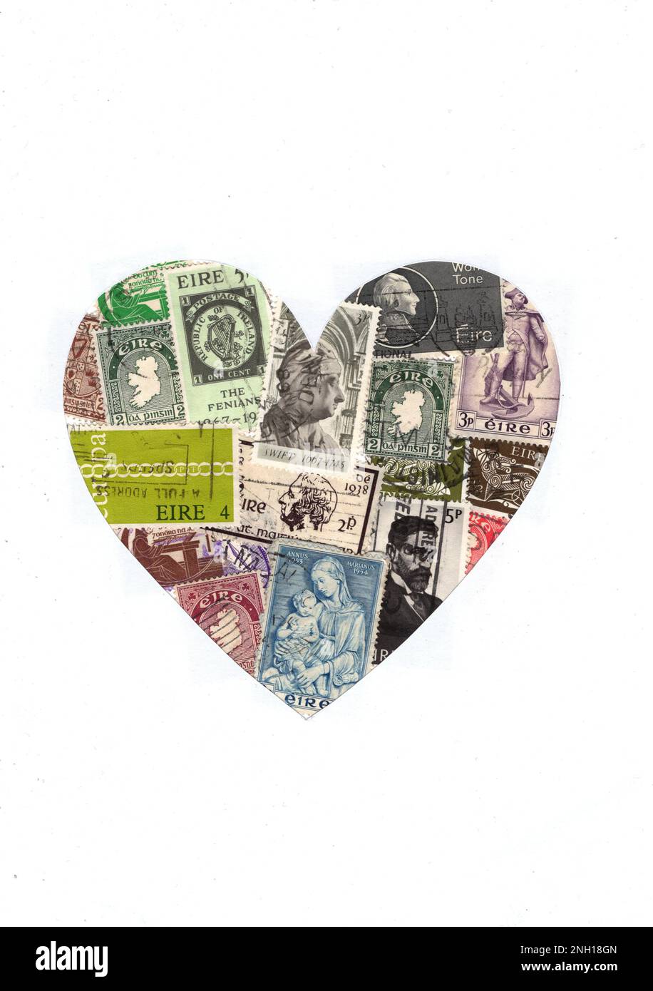 Klassische Briefmarken aus Irland in Herzform. Stockfoto