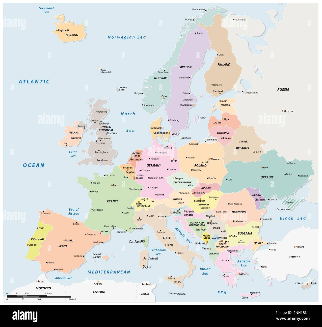 Farbige politische Vektorkarte europäischer Staaten Stockfoto