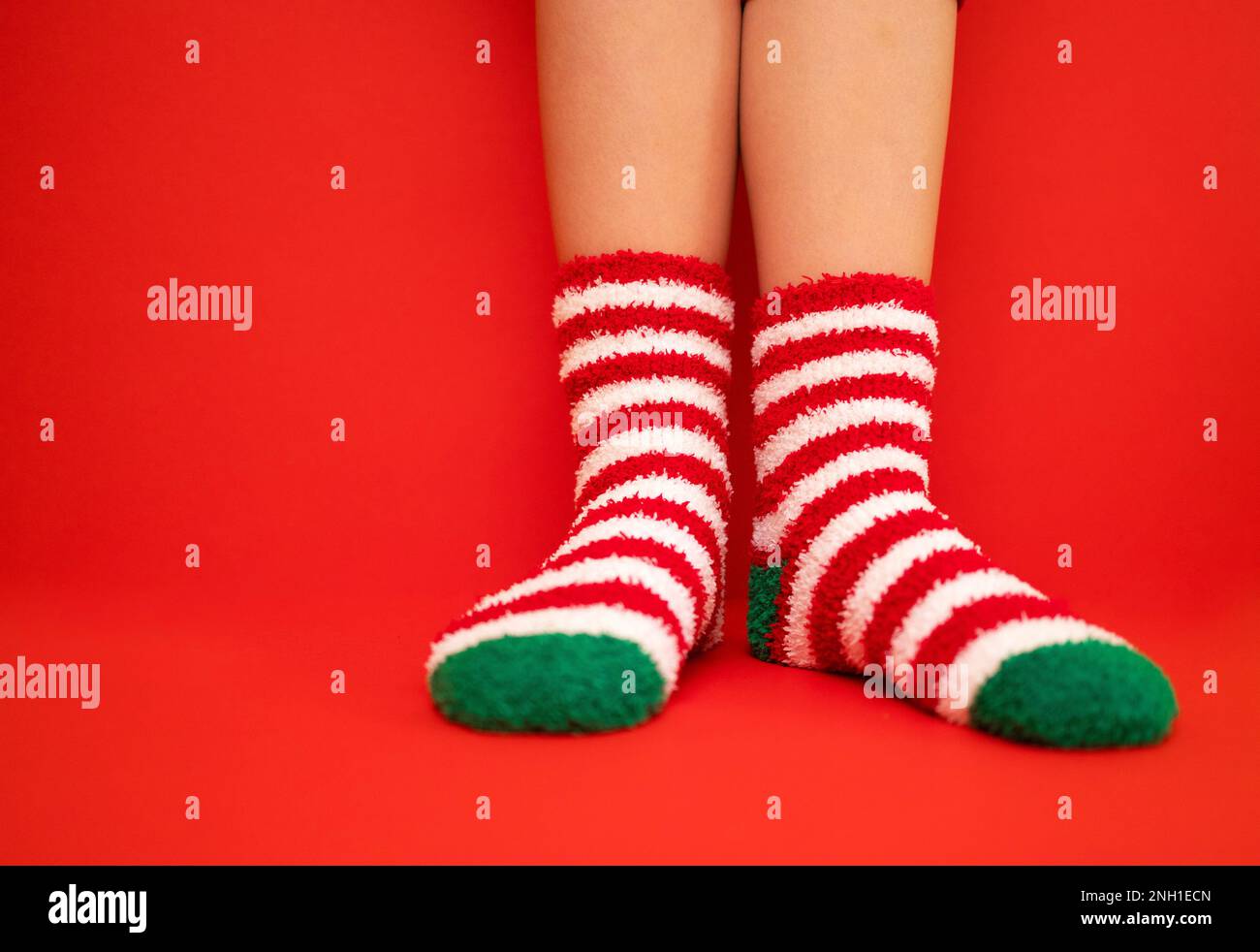 Frauenfüße in flauschigen Silvester- oder Weihnachtssocken. Die Farben der Socken sind rot-weiße Streifen und grüne Absätze und Spitzen. Mädchen Beine auf einem RE Stockfoto