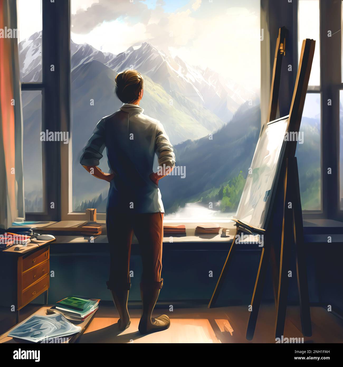 Der Künstler steht am Fenster und blickt auf die Berge, der generative Al. Stockfoto