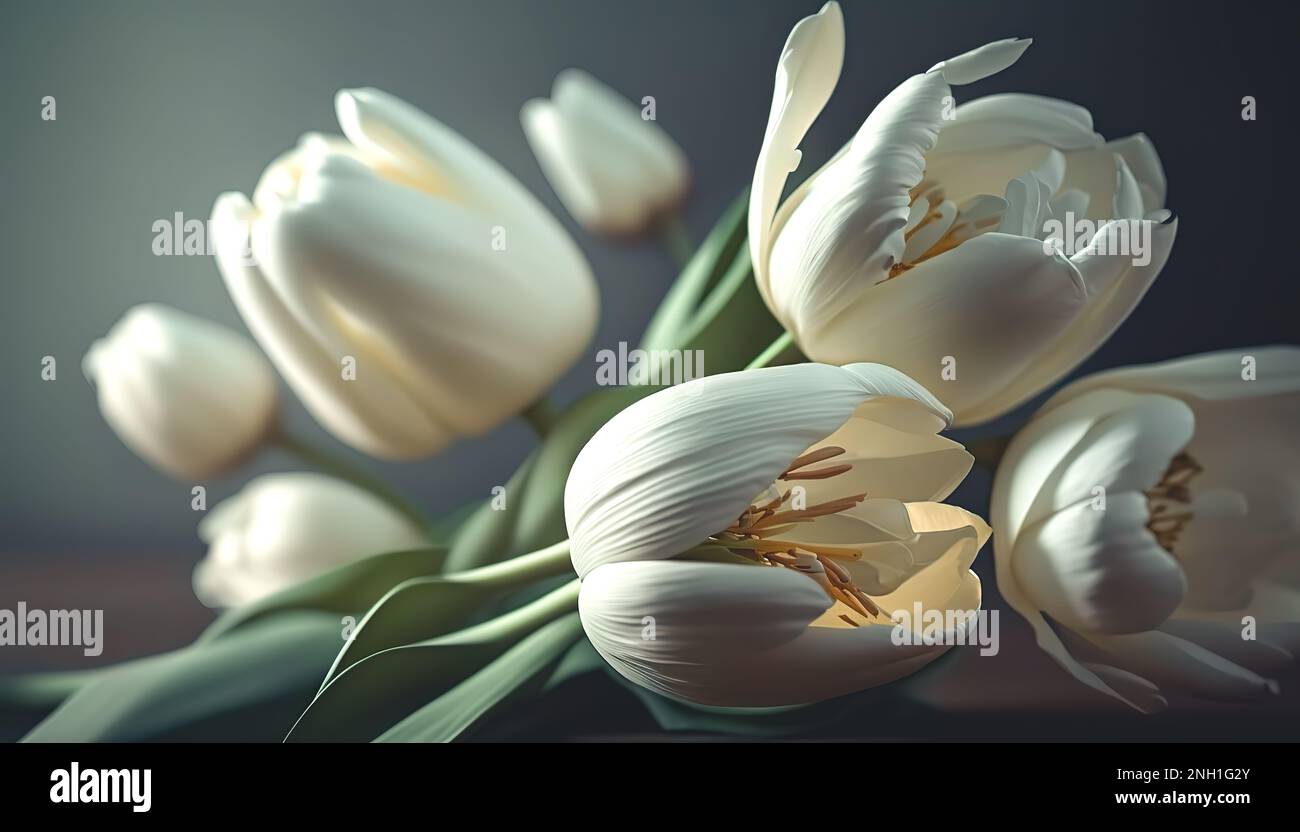 Weiße Tulpen auf dunkel verschwommenem Hintergrund, generative Al. Stockfoto