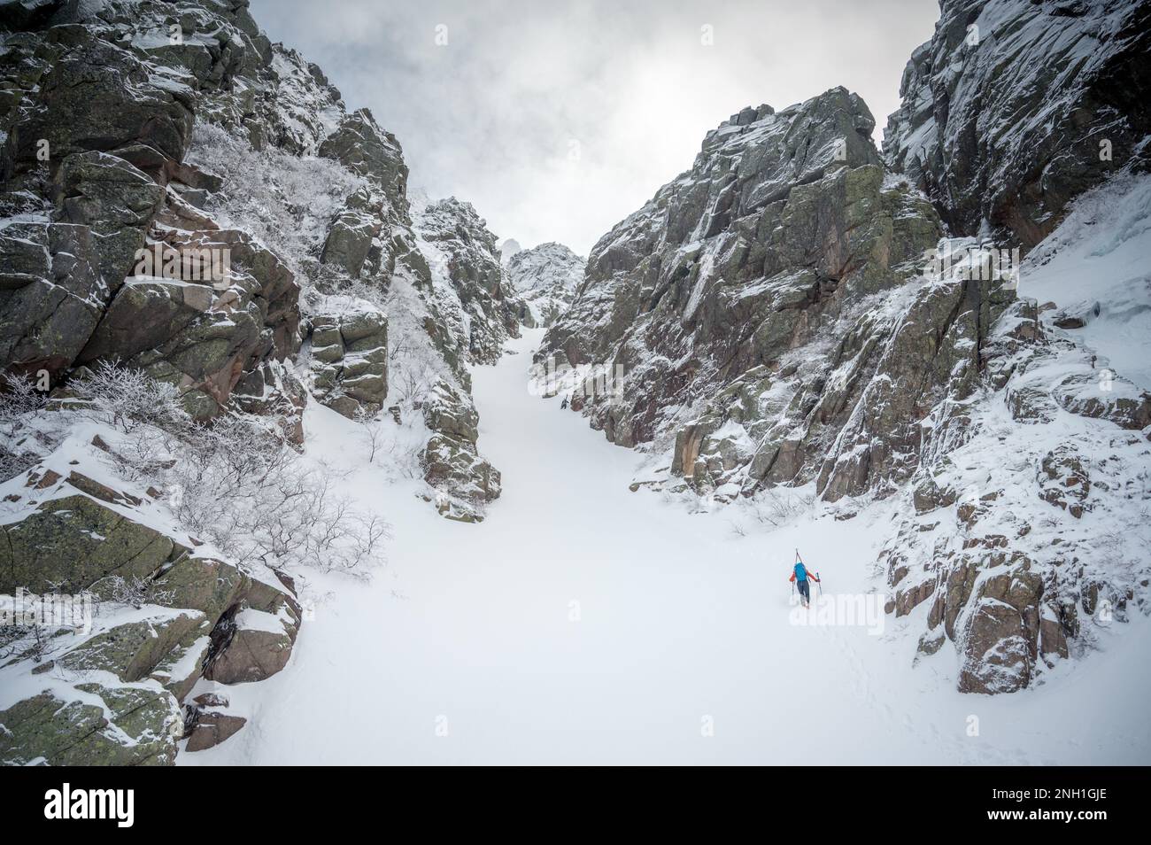 Skifahrer fahren in schneebedeckten Schluchten, während sie im Hinterland Ski fahren Stockfoto