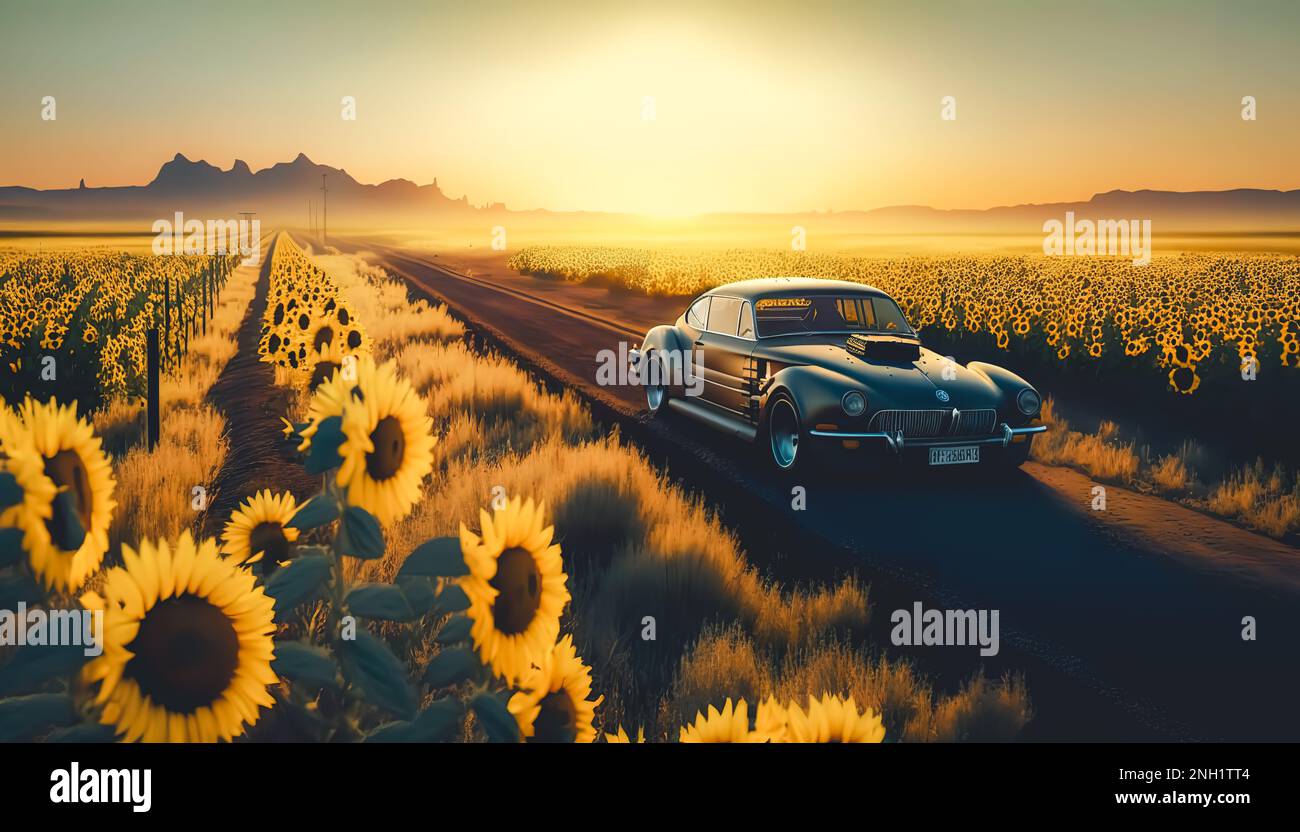 Das Auto fährt die Straße entlang auf dem Feld der Sonnenblumen  Stockfotografie - Alamy