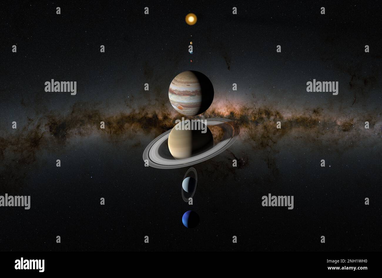 Planeten unseres Sonnensystems - Merkur, Venus, Erde, Mars, Jupiter, Saturn, Uranus und Neptun - abbildung 3D, Vorderansicht Stockfoto