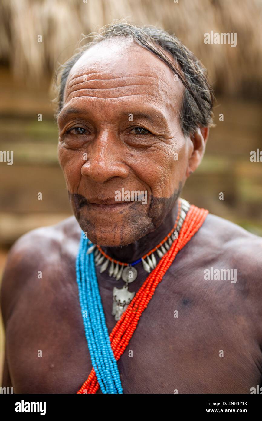 Der Schamane oder Dorfmediziner eines indigenen Embera-Dorfes in traditionellen Kleidern, dessen Körper mit dem Saft der jagua-Beere bemalt ist. Stockfoto