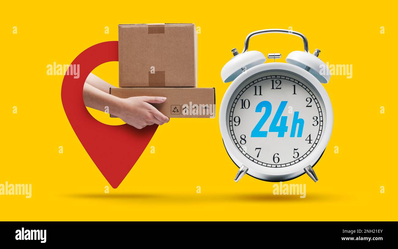 24h schneller Liefer- und Verfolgungsservice: Der Zusteller hält die Pakete über eine GPS-PIN und einen Wecker Stockfoto