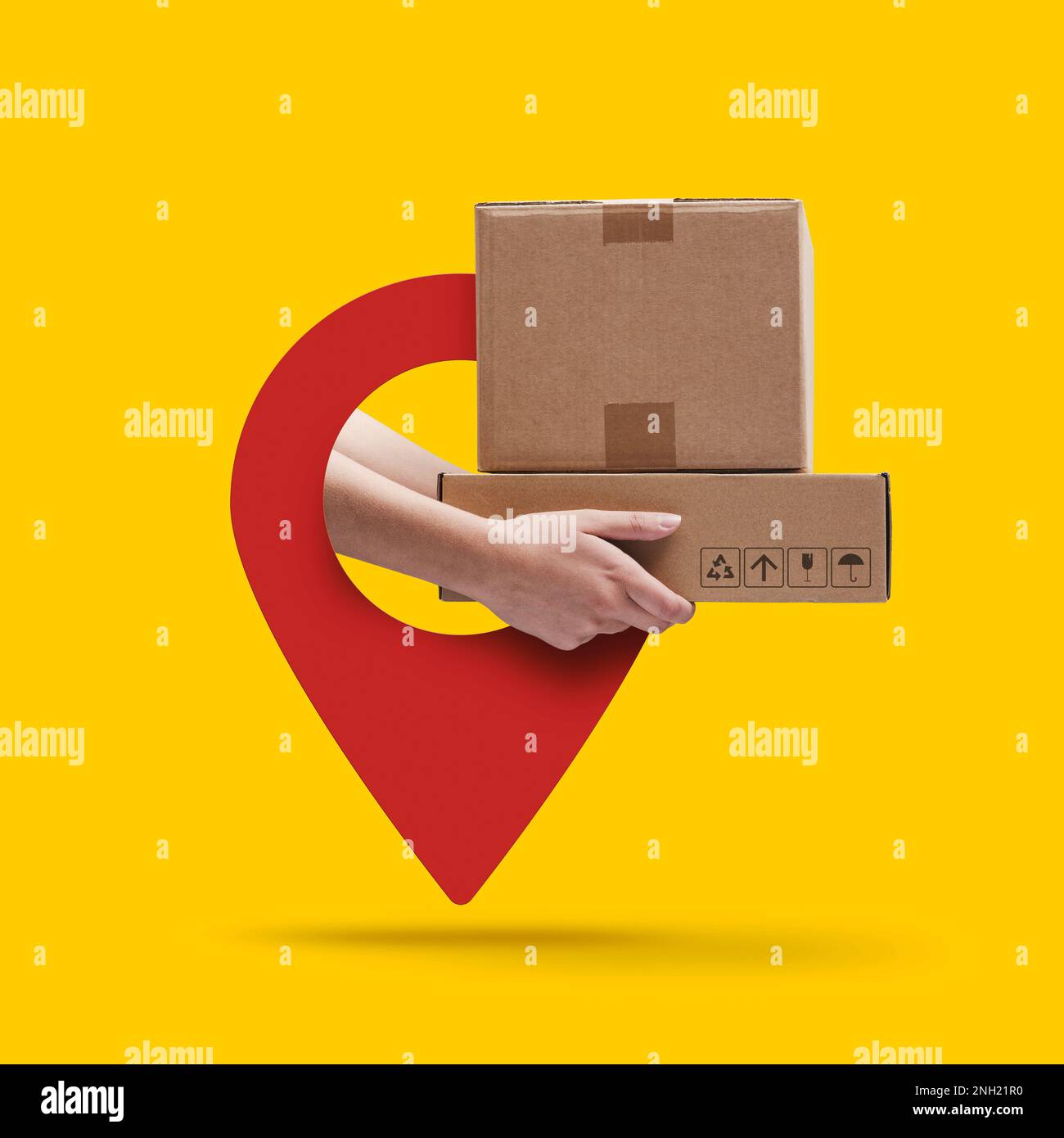 Kurierdienst, der Pakete per GPS-PIN zustellt: express-Zustellung und Nachverfolgung der Zustellung, leerer Kopierbereich Stockfoto