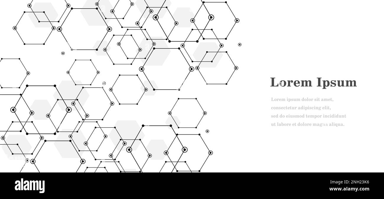 Abstraktes schwarzes, weißes Sechseck, geometrischer Texturhintergrund, wissenschaftliche Technologie, Netzwerkkonzept Stockfoto