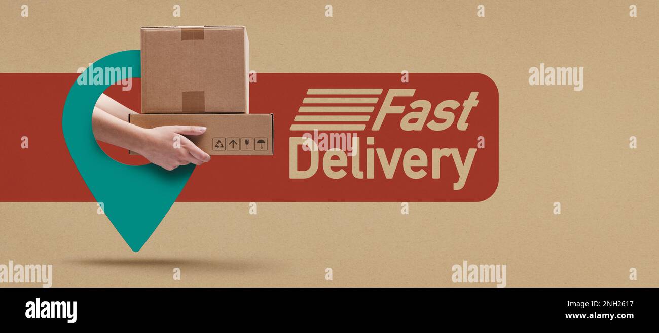 Kurierdienst, der Pakete per GPS-PIN zustellt: Schneller Zustelldienst und Nachverfolgung der Zustellung, leerer Kopierbereich Stockfoto