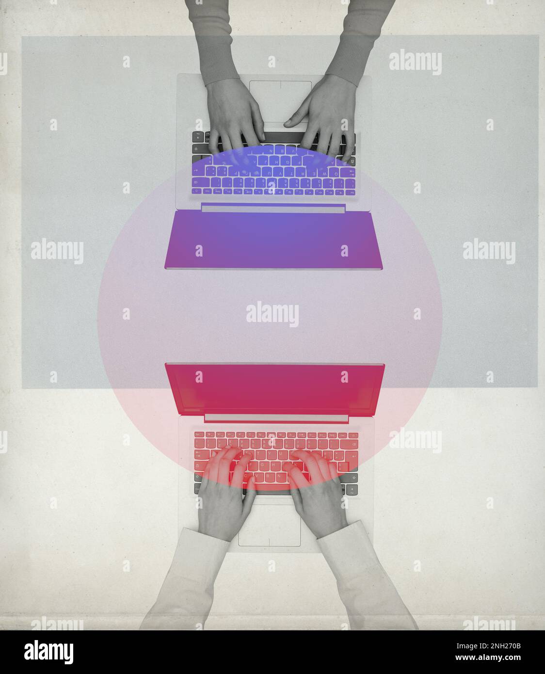 Geschäftsleute, die mit Laptops arbeiten und Daten, Technologie und Kommunikationskonzept teilen, Vintage-Collage-Poster Stockfoto