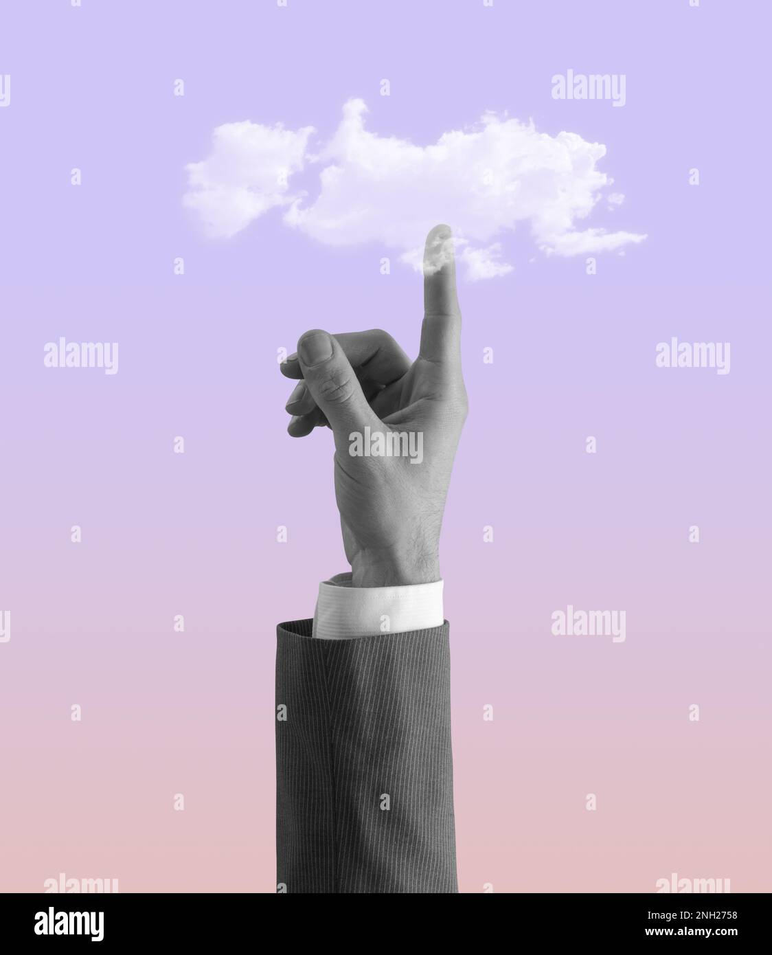 Die Hand eines Geschäftsmanns zeigt nach oben und berührt ein Wolkendesign im Vintage-Stil Stockfoto