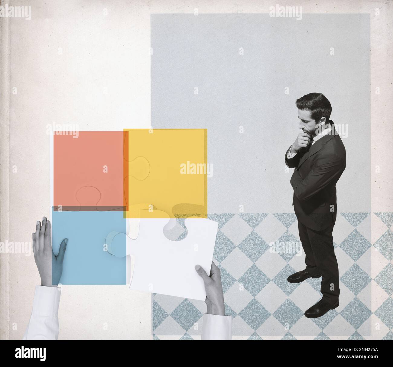 Geschäftsleute lösen ein Puzzle, Geschäftslösung und Teamwork-Konzept, Vintage Collage Art Design Stockfoto