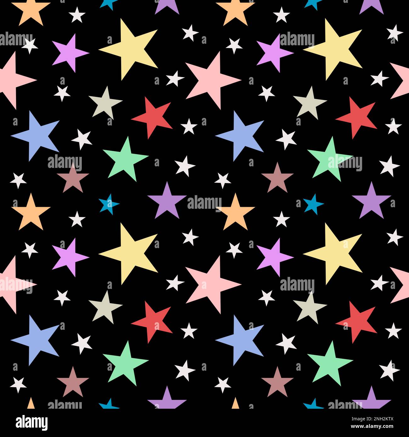 Sich nahtlos wiederholendes Hintergrundbild mit Sternen und schwarzem Hintergrund Stockfoto
