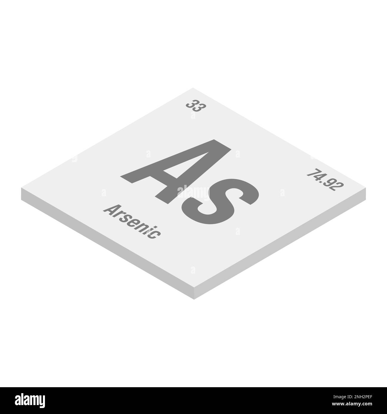 Arsen, AS, graue 3D-Darstellung des Periodenelements mit Name, Symbol, Atomzahl und Gewicht. Giftige Metalloide mit begrenztem industriellen Verwendungszweck, die jedoch in der Vergangenheit in Pestiziden, Holzschutzmitteln und medizinischen Zwecken verwendet wurden. Stock Vektor