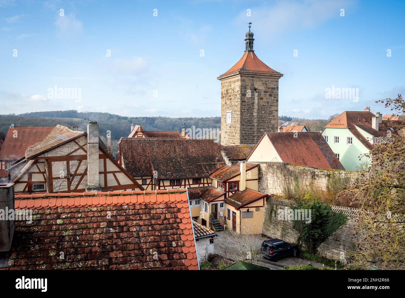 Blick auf die Altstadt mit Siebersturm - Rothenburg ob der Tauber, Bayern, Deutschland Stockfoto