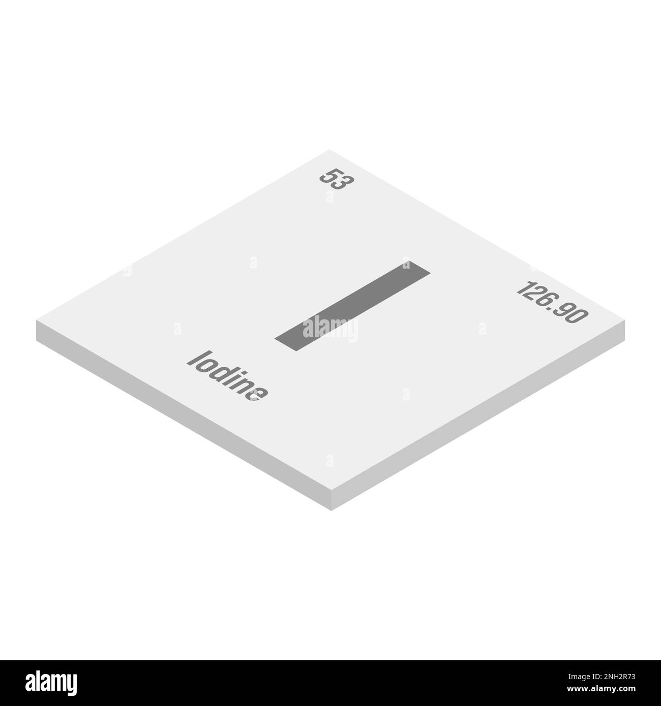 Iod, I, graue 3D-Darstellung des Periodenelements mit Name, Symbol, Atomzahl und Gewicht. Halogen mit verschiedenen industriellen Anwendungen, wie in der Medizin, in der Fotografie und als Desinfektionsmittel. Stock Vektor