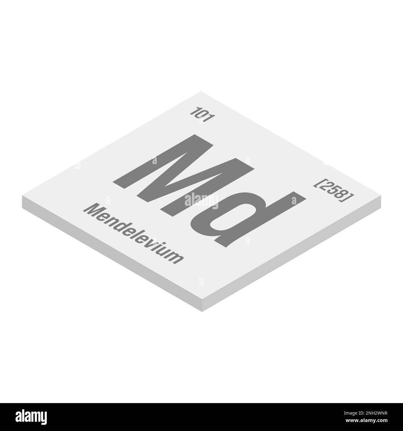Mendelevium, MD, graue 3D-Isometrische Darstellung des Periodentabellenelements mit Name, Symbol, Atomzahl und Gewicht. Synthetisches radioaktives Element mit Einsatzmöglichkeiten in der wissenschaftlichen Forschung und der Kernenergie. Stock Vektor