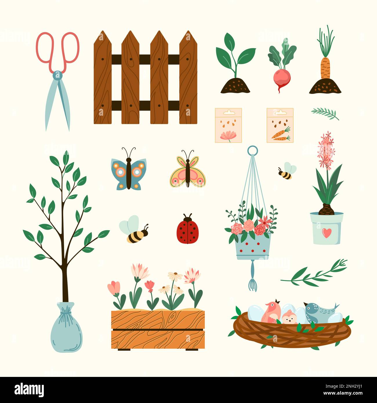 Frühjahrshaus – Illustrationsset für Gartenarbeit. Vektorpflanzen, Blumen und Vögel nisten saisonale flache Sammlung isoliert Stock Vektor