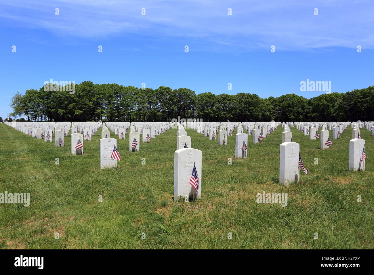 Grabsteine von Kriegsveteranen, dekoriert für Memorial Day, Calverton National Cemetery, Long Island, New York Stockfoto