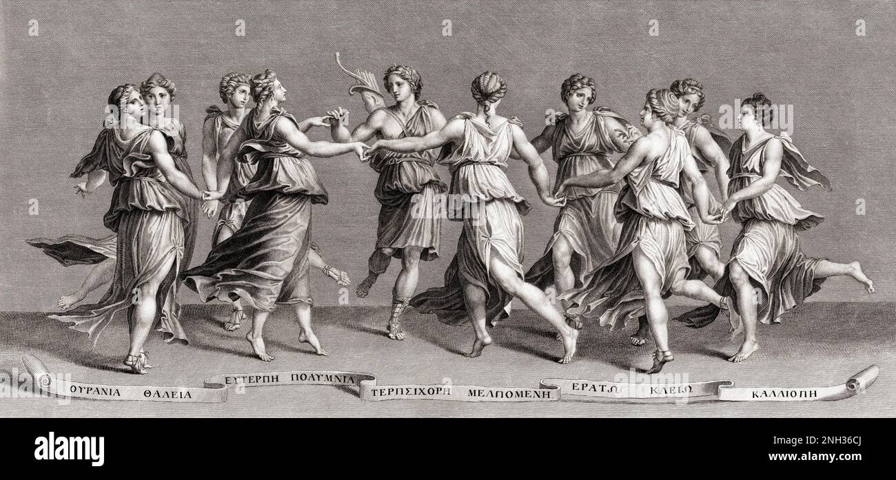 Apollo tanzt mit seinen neun Olympischen Musen: Calliope, Clio, Erato, Euterpe, Melpomene, Polyhymnia, Terpsichore, Thalia und Urania. Nach einer Gravur von Henry Marais von einem Gemälde von Giulio Romano. Stockfoto