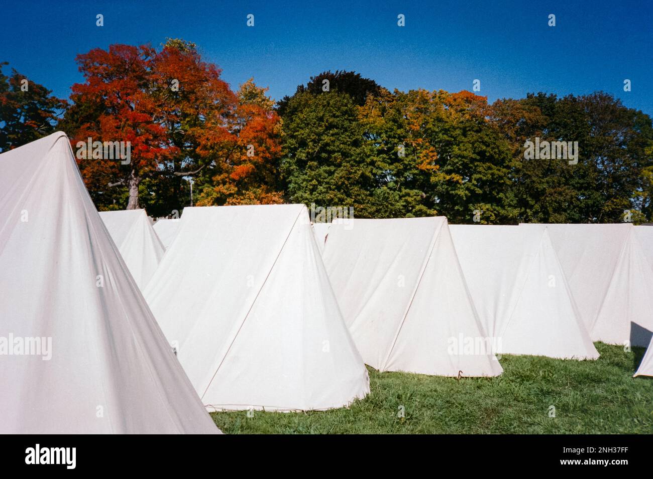 Ein Meer weißer Zelte vor blauem Himmel in einem britischen Lager während der Nachstellung der Schlacht von Newbury im Unabhängigkeitskrieg. Das Bild wurde mit Analo aufgenommen Stockfoto