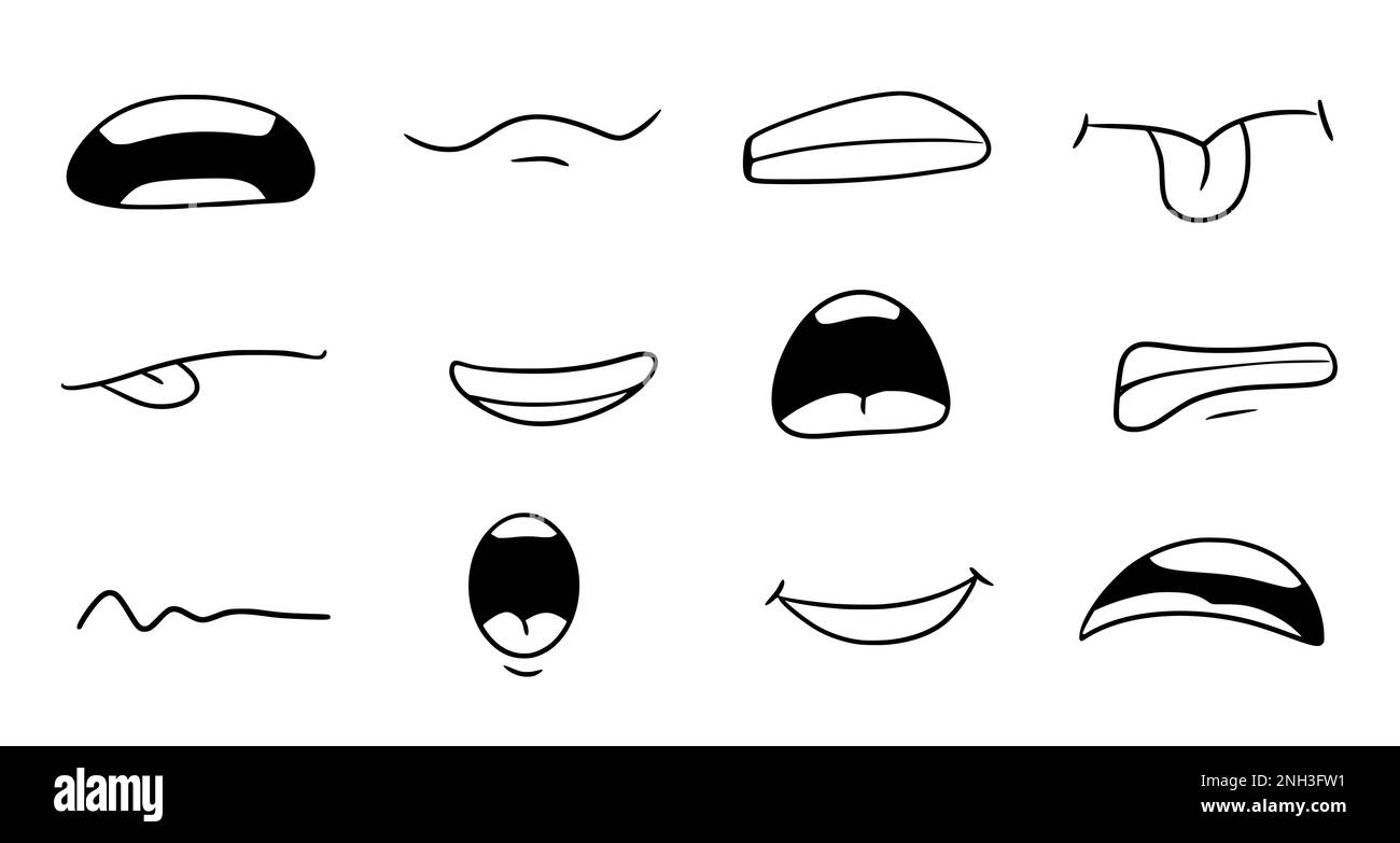 Cartoon-Mundlächeln, fröhliche, traurige Ausdrucksweise. Von Hand gezogener Kritzelmund, Karikatur-Emoji-Symbol der Zunge. Komischer Doodle-Stil. Vektordarstellung. Stock Vektor