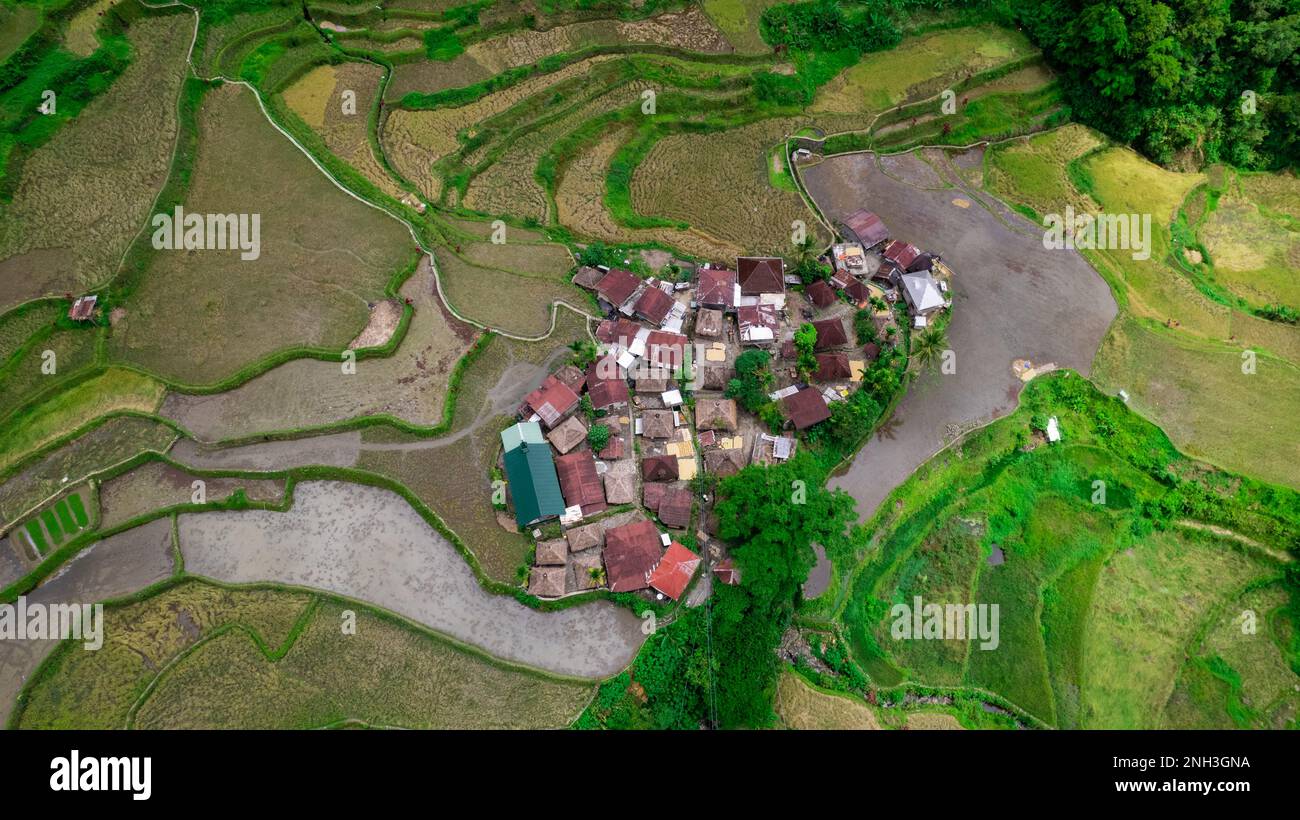 Luftfoto von ganz oben auf einem kleinen Dorf mit Einwohnern auf den reisterrassen von banaue auf den philippinen Stockfoto