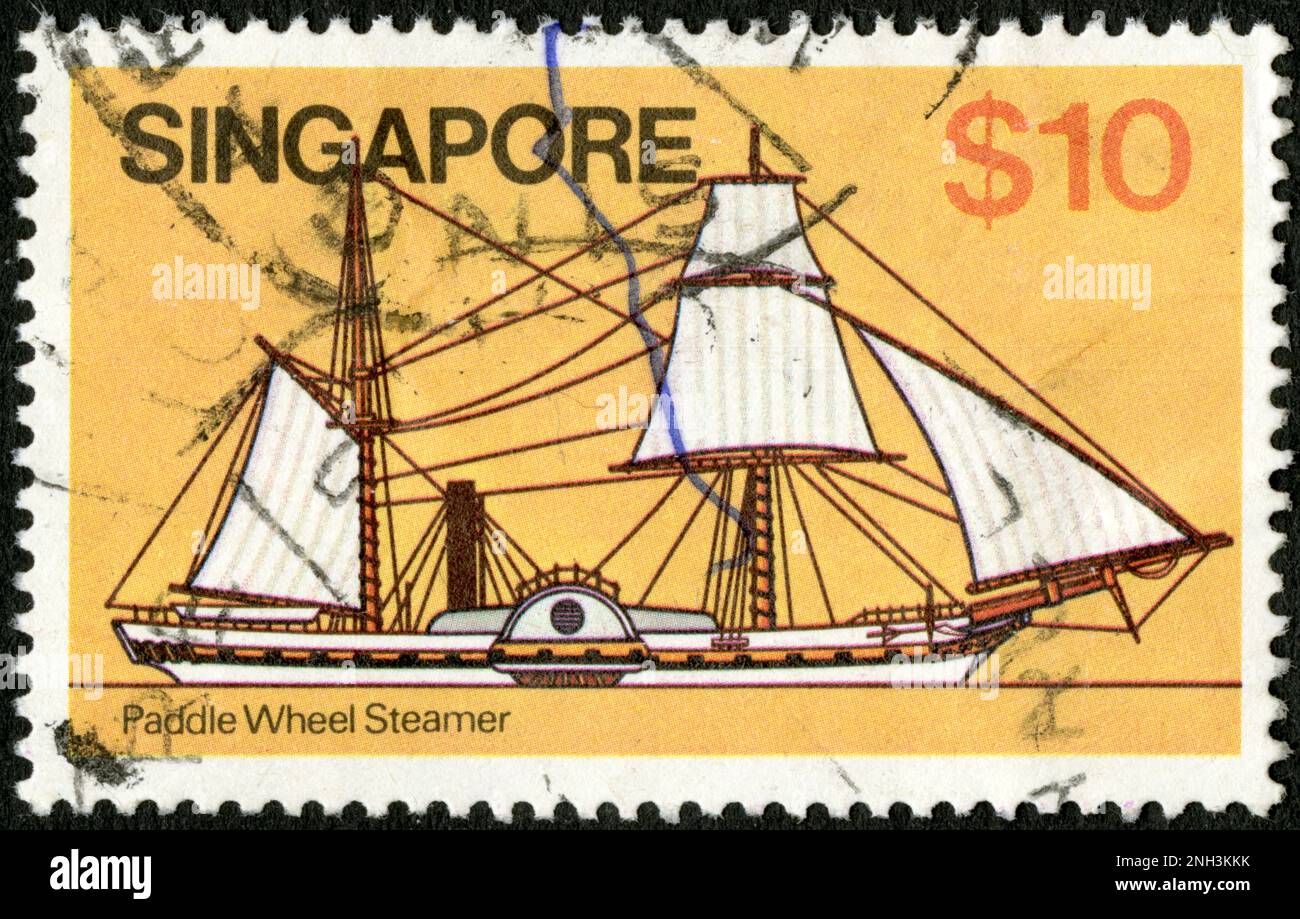 TIMBRE OBLITERIE SINGAPUR. SCHAUFELRADDAMPFER. S10. Stockfoto