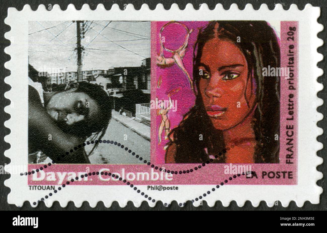TIMBRE OBLITERE DAYAN. COLOMBIE. LA POSTE. FRANKREICH. LETTRE PRIORITAIRE 20G Stockfoto