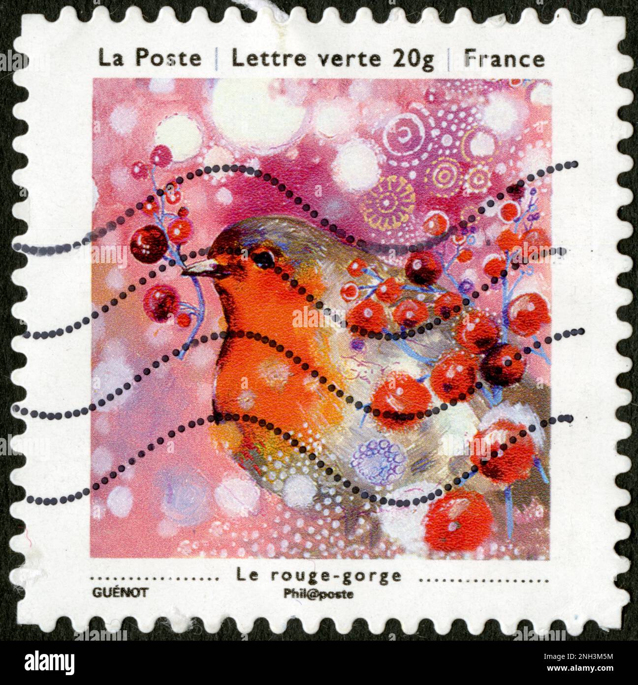 TIMBRE OBLITERE LE ROUGE-GORGE. LA POSTE. LETTRE VERTE 20G. FRANKREICH Stockfoto