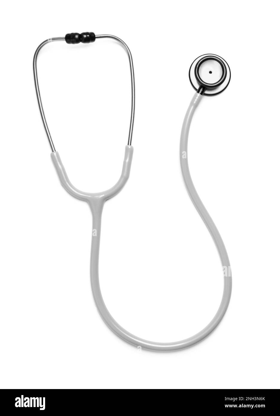 Modernes Stethoskop auf weißem Hintergrund, Draufsicht Stockfoto