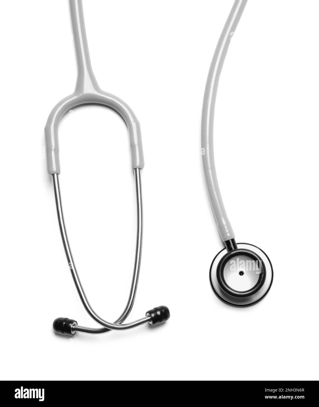 Modernes Stethoskop auf weißem Hintergrund, Draufsicht Stockfoto